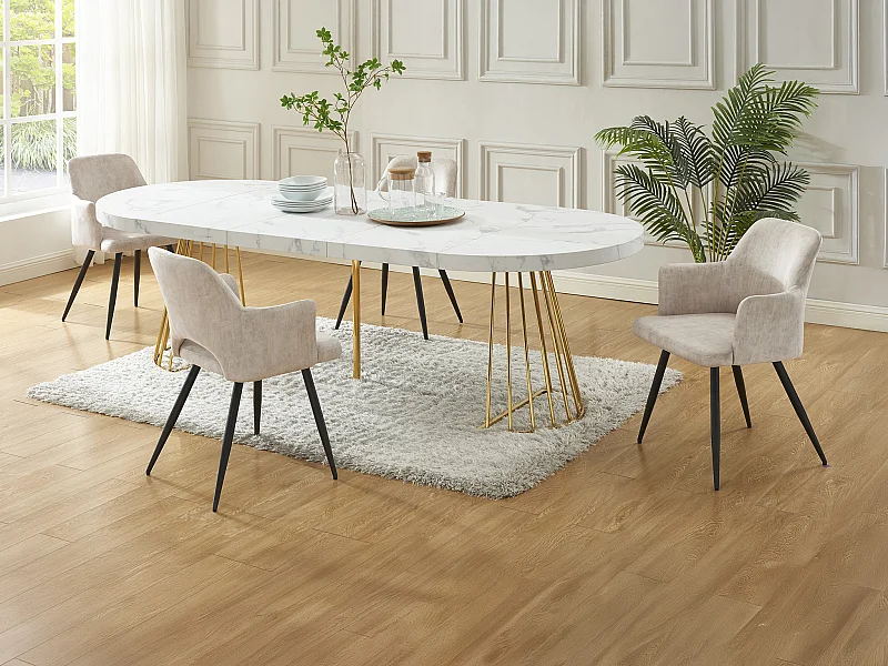 Ensemble table FIRELA + 4 chaises KADIJA - Effet marbre blanc et beige