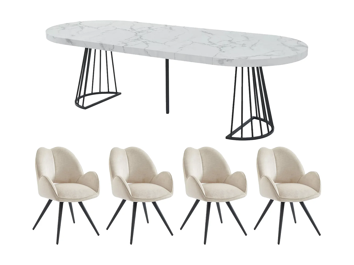 Ensemble table FIRELA + 4 chaises GULSUN - Effet marbre blanc et beige