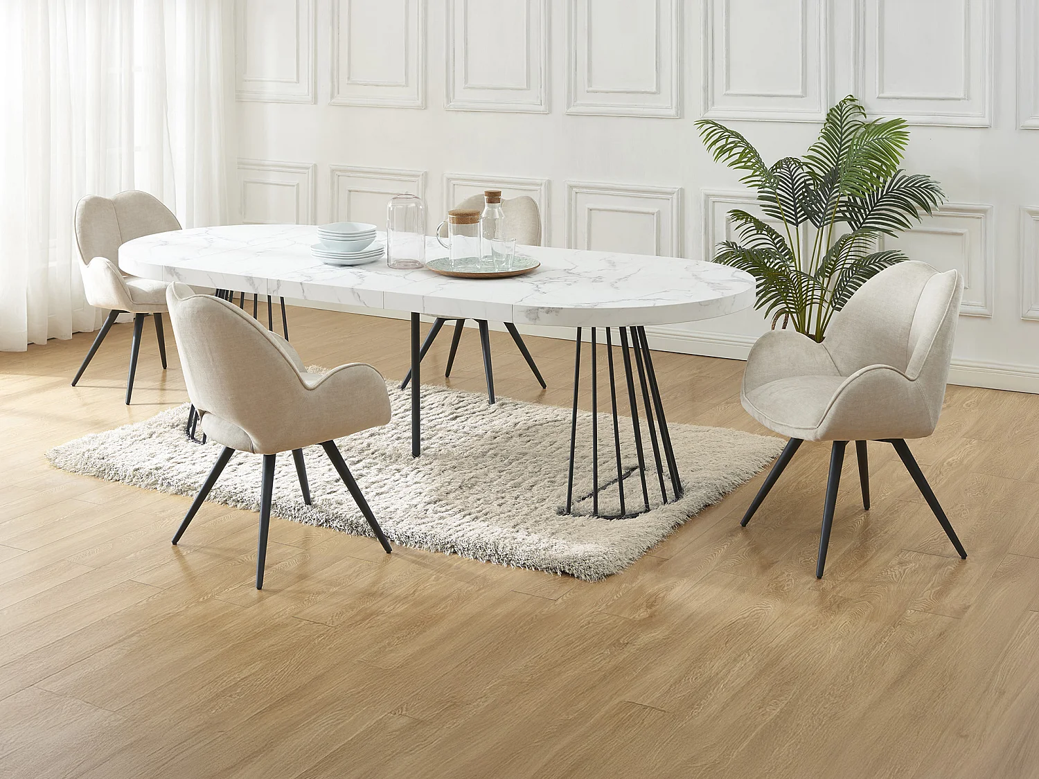 Set tafel FIRELA + 4 stoelen GULSUN - Wit marmereffect en beige