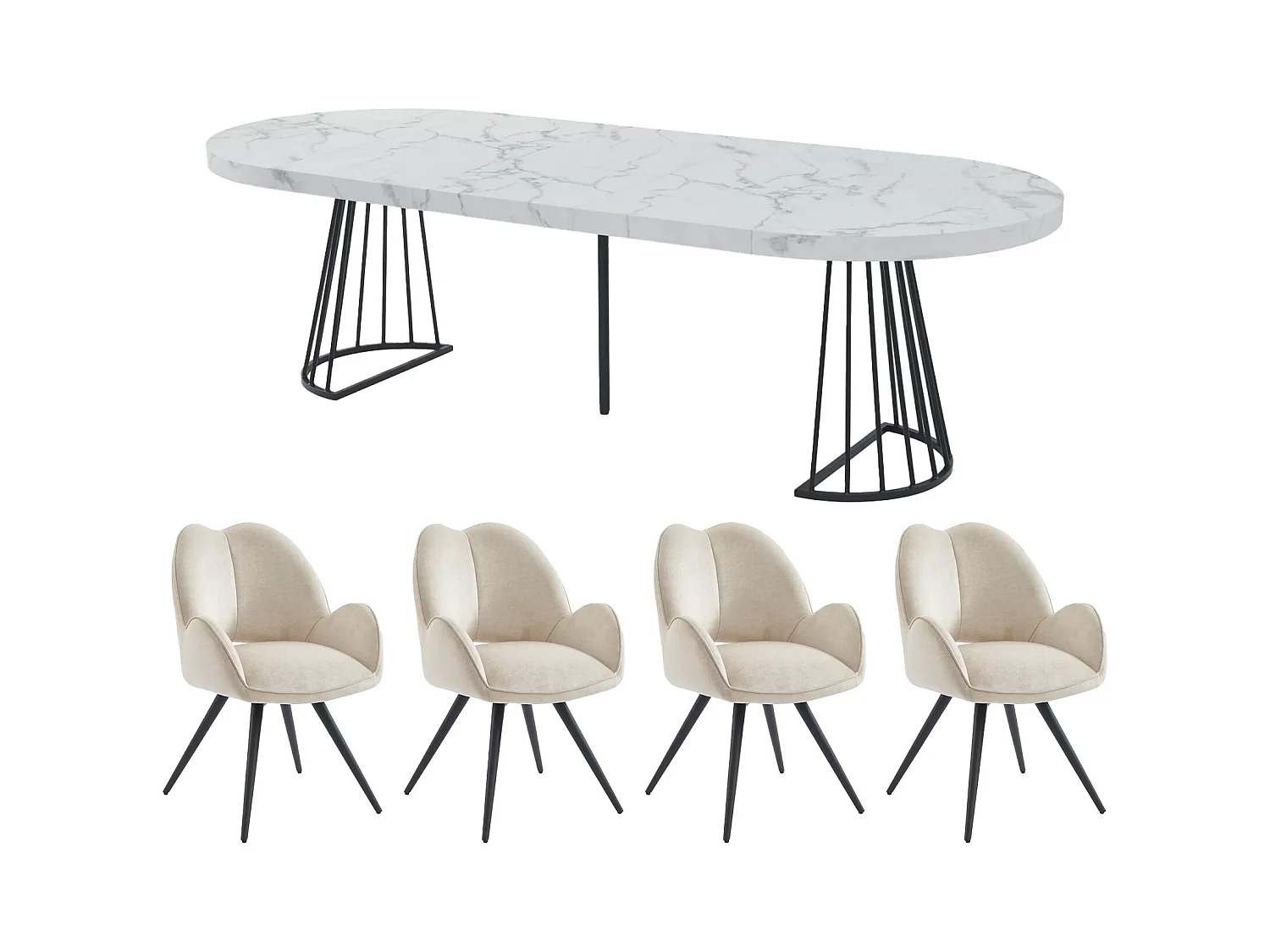 Conjunto de mesa FIRELA + 4 sillas GULSUN - Efecto mármol blanco y beige