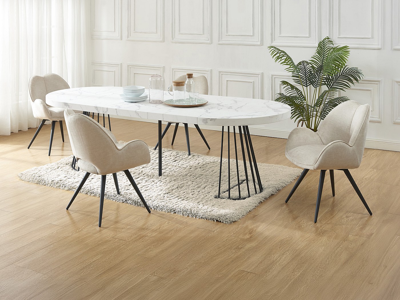 Esstisch-Set FIRELA + 4 Stühle GULSUN - Weiß und beige marmorierte Optik
