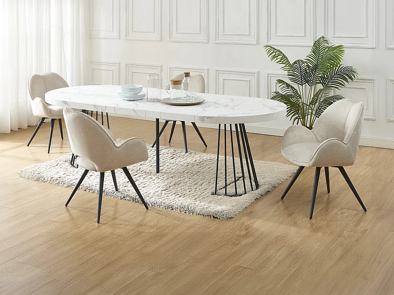 Ensemble table FIRELA + 4 chaises GULSUN - Effet marbre blanc et beige