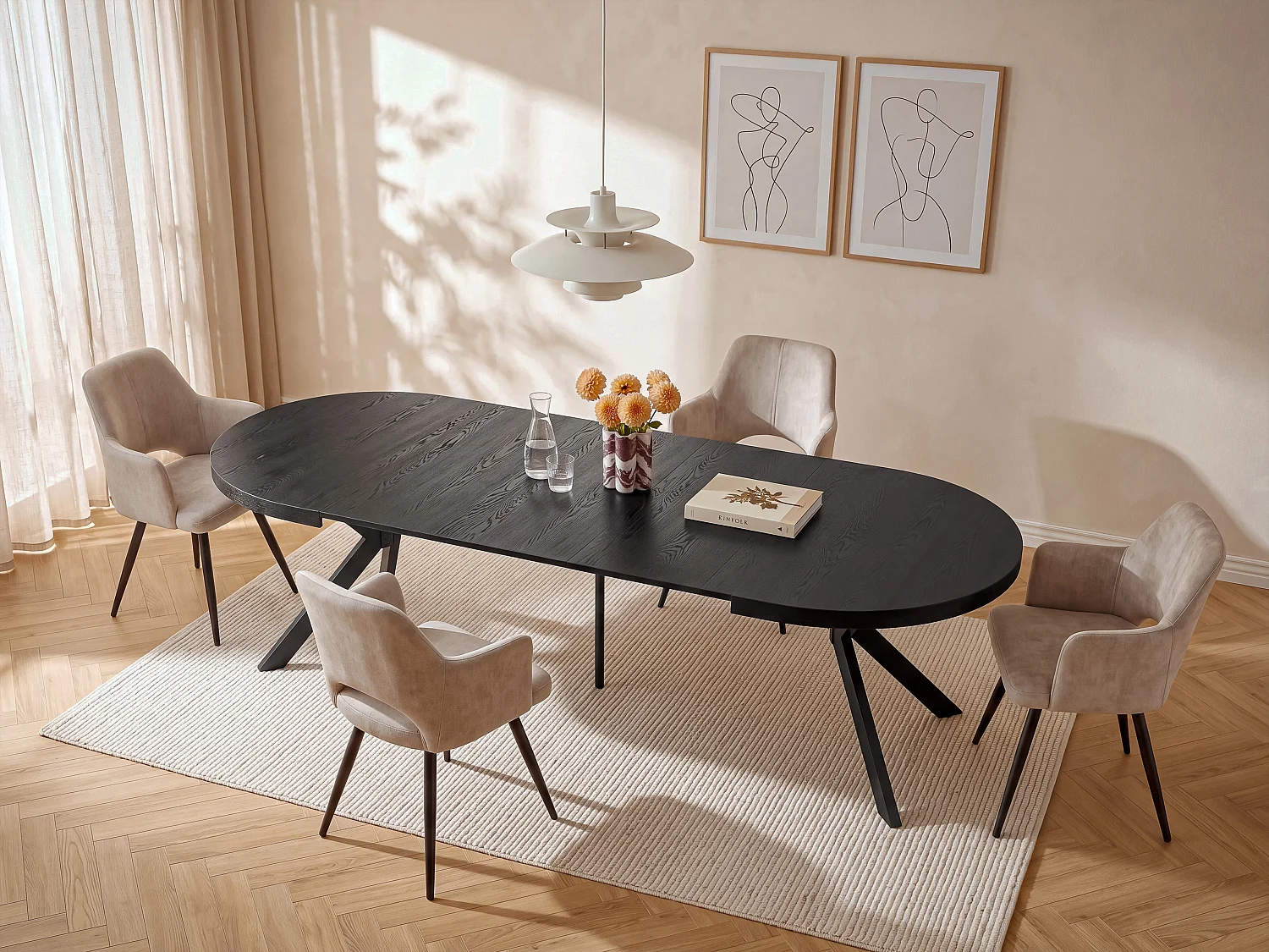 Set tafel KOMONI + 4 stoelen KADIJA - Zwart en beige