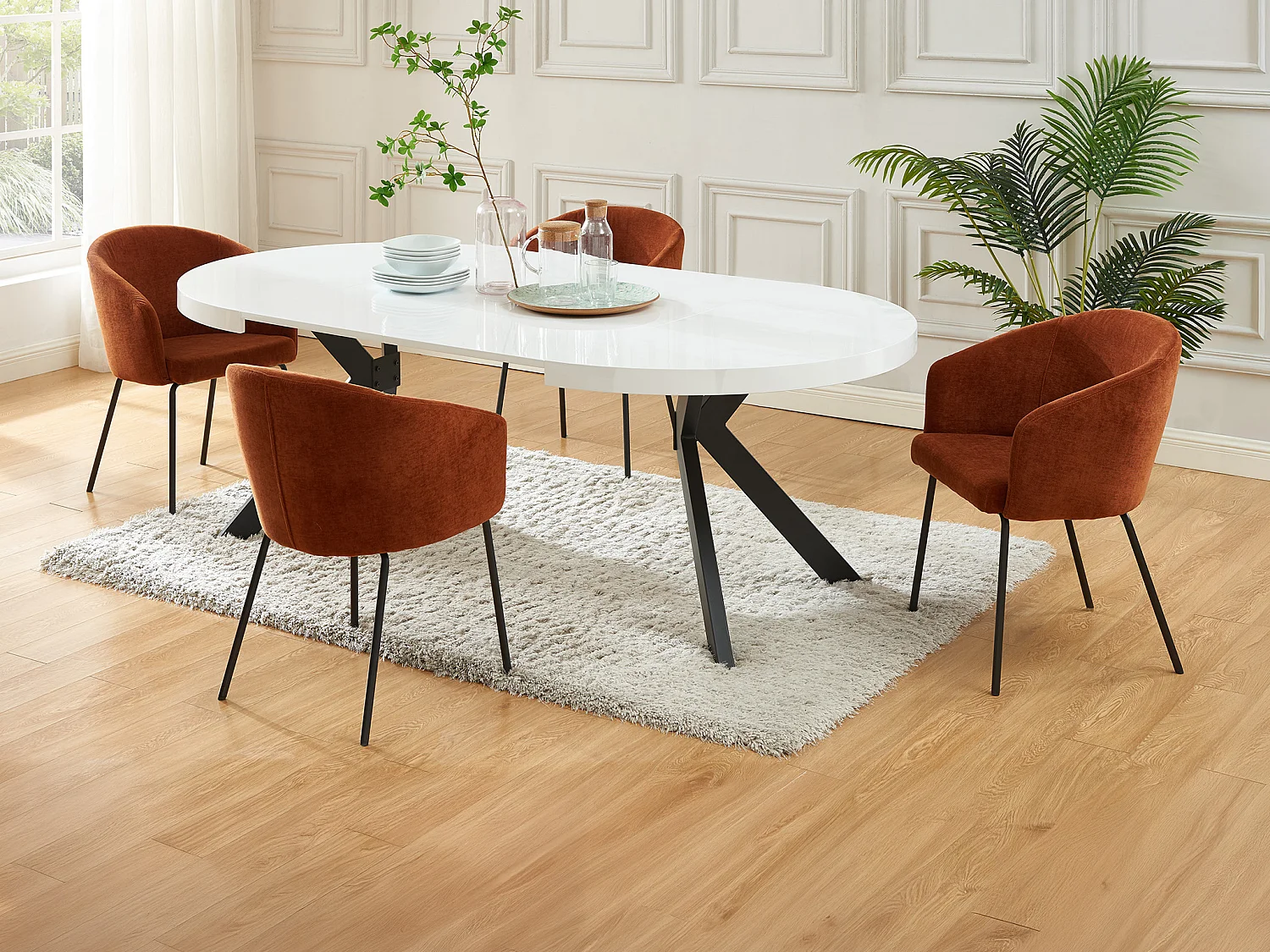 Set tafel KOMONI + 4 stoelen MORONI - Gelakt wit en terracotta