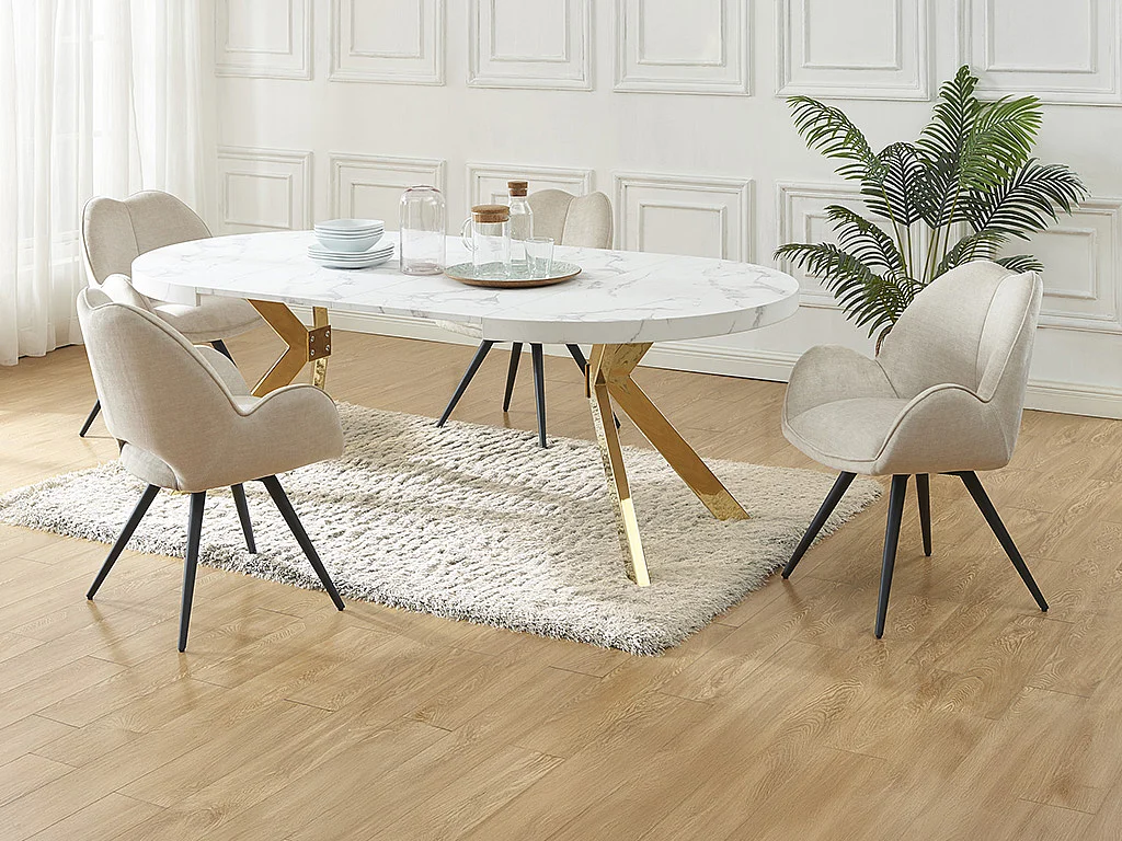 Set tafel KOMONI + 4 stoelen GULSUN - Wit marmereffect en beige
