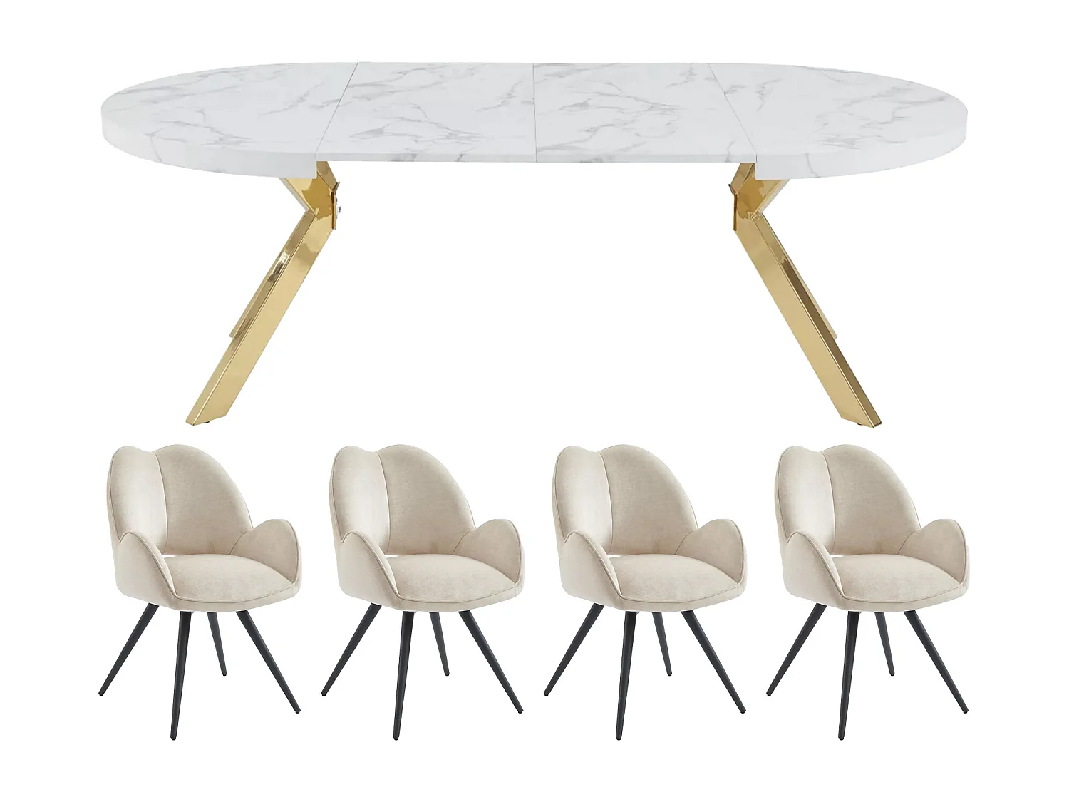 KOMONI bord + 4 GULSUN stole sæt - Hvid og beige marmoreffekt