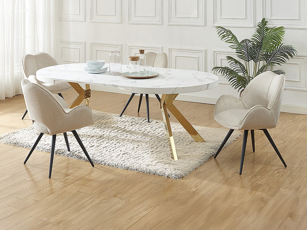 Bord- og stol-sett KOMONI + 4 GULSUN stoler - Hvit marmor-effekt og beige