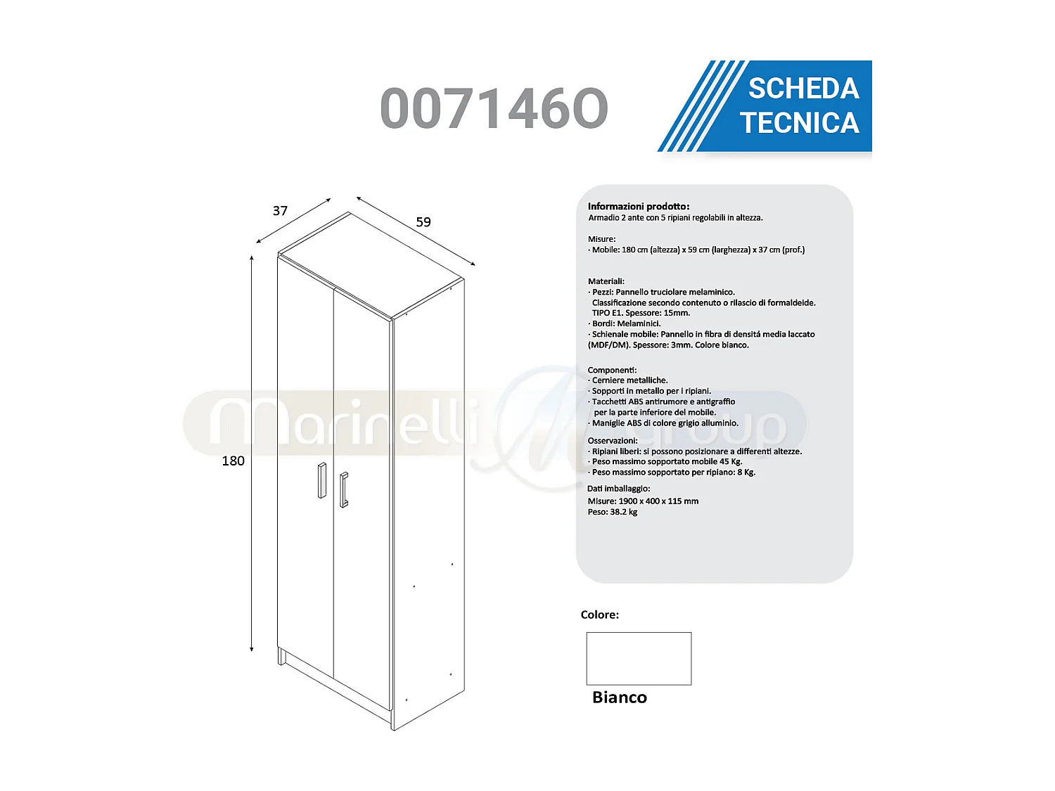 Armadio scarpiera multiuso bagno garage BIANCA 2 ante 8 ripiani 59X37X180 - 7146O
