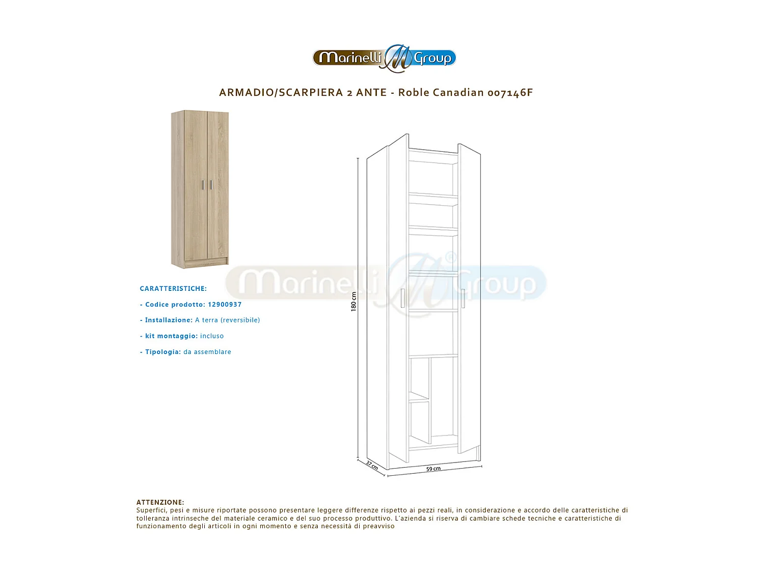 Armadio scarpiera multiuso armadietto mobile bagno casa garage 2 ante 8 ripiani ROVERE 59 X 37 X 180 cm 7146F