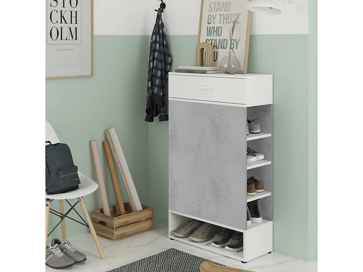 Mobile ingresso con scarpiera laterale e cassetto BIANCO + GRIGIO 67 X 28 X 119 cm 0L7812A