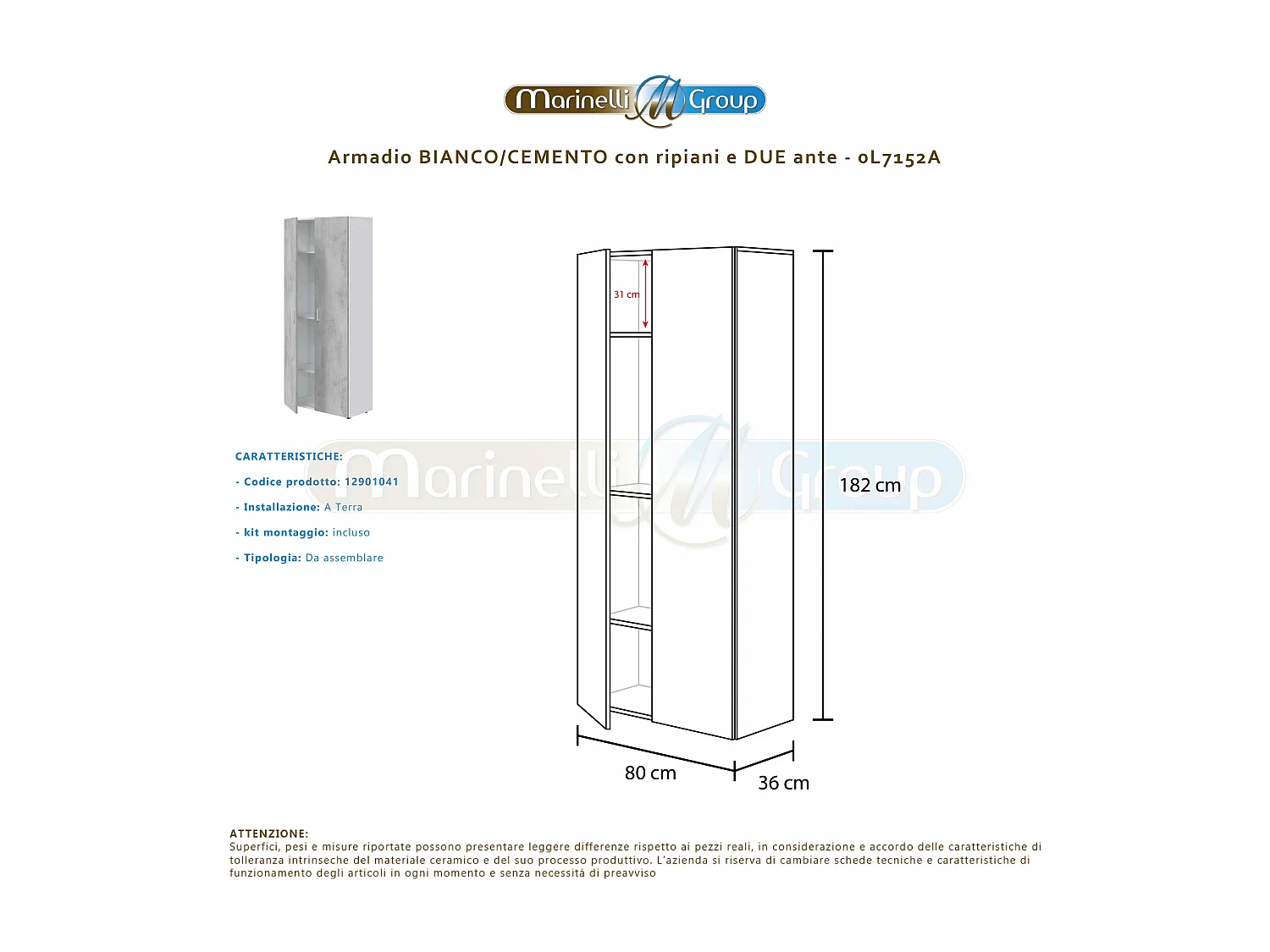 Armadio multiuso armadietto mobile bagno casa garage 2 ante 5 ripiani CEMENTO+BIANCO 80 X 36 X 182 cm 0L7152A