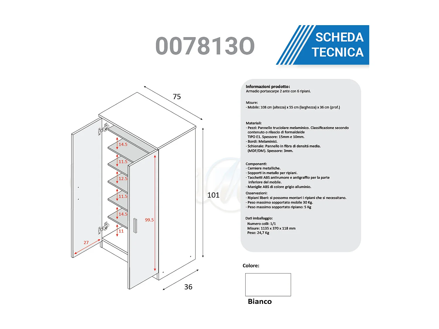 Armadio scarpiera multiuso armadietto mobile bagno casa garage 2 ante 7 ripiani - 007813O