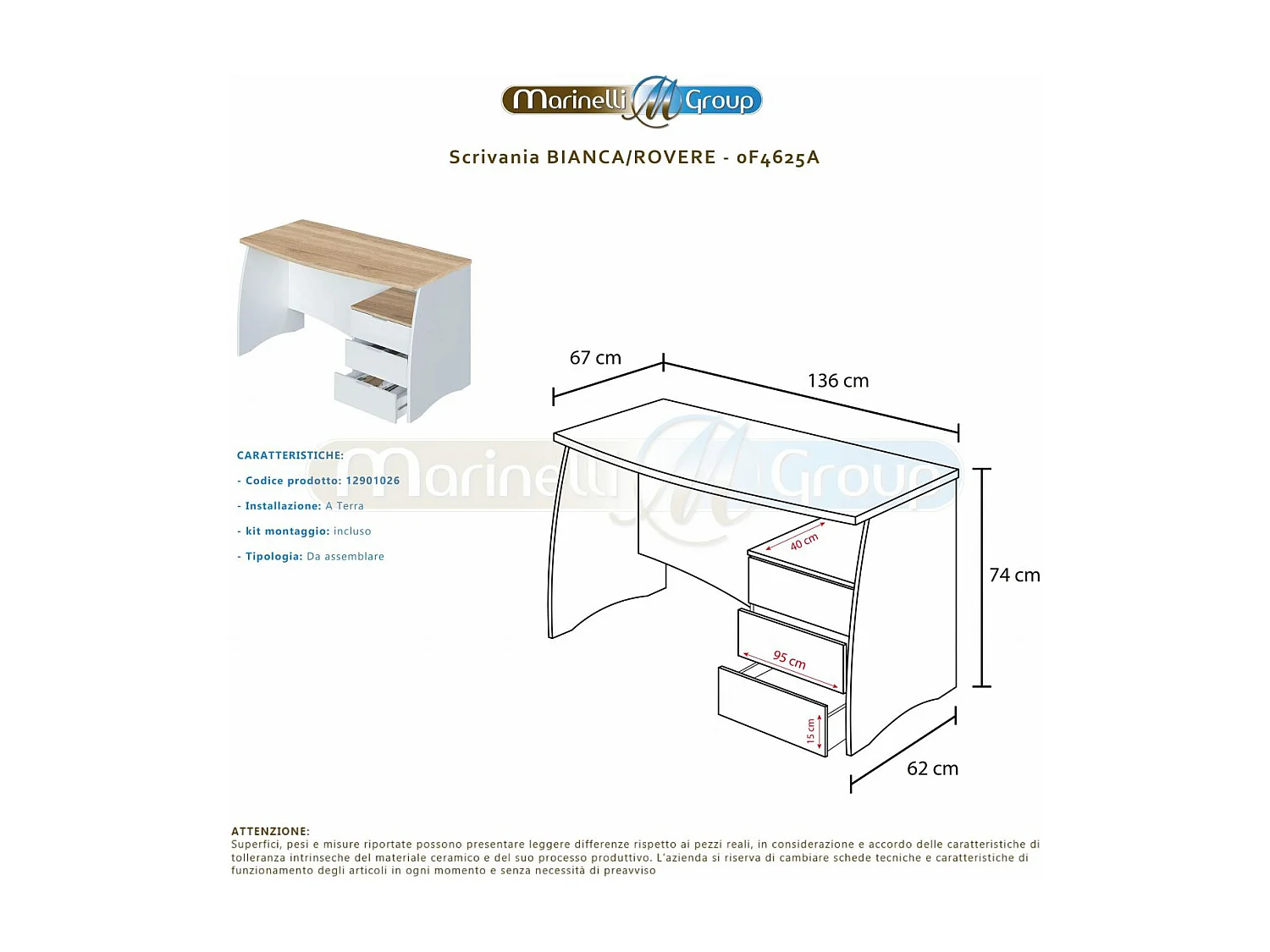 Scrivania pc ufficio studio casa cassettiera ROVERE+BIANCA computer gaming 136 X 62 X 74 cm - 0F4625A