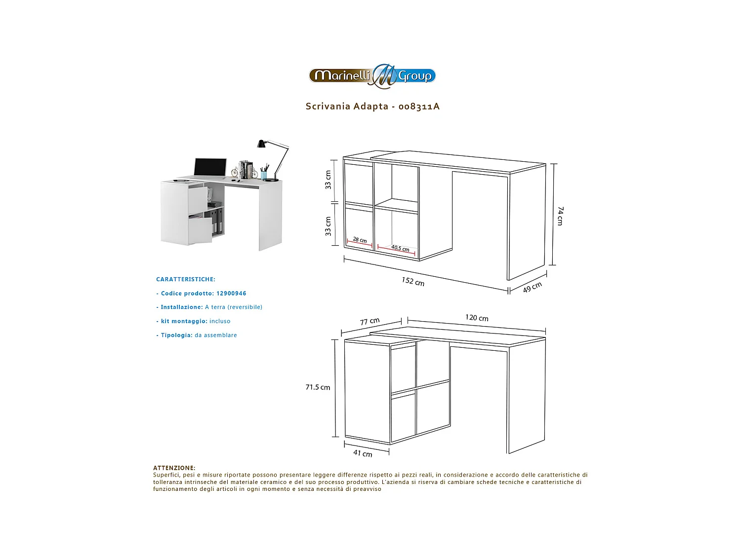 Scrivania pc ufficio mutiposizione angolare/dritta studio casa BIANCA computer gaming 120 X 77 X 74 cm - 008311A