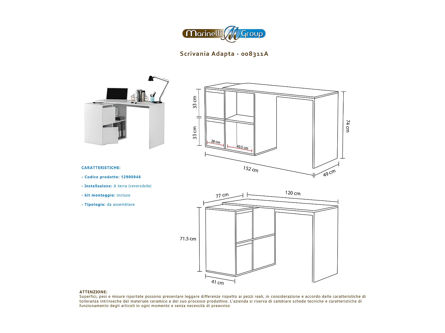 Scrivania pc ufficio mutiposizione angolare/dritta studio casa BIANCA computer gaming 120 X 77 X 74 cm - 008311A