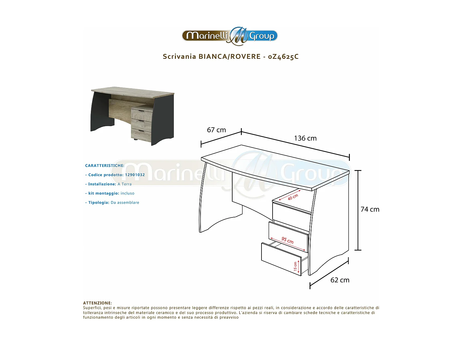 Scrivania pc ufficio studio casa cassettiera ROVERE+GRIGIO computer gaming 136 X 62 X 74 cm 0Z4625C