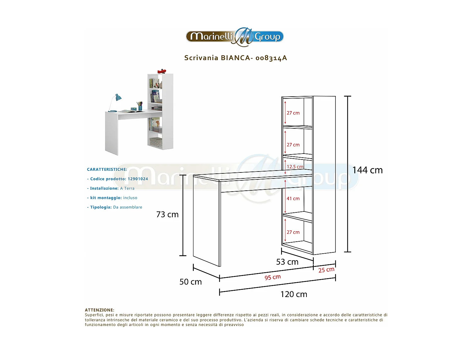 Scrivania pc ufficio con SCAFFALI reversibile studio camera BIANCO computer gaming 120 X 53 X 144 cm - 008314A