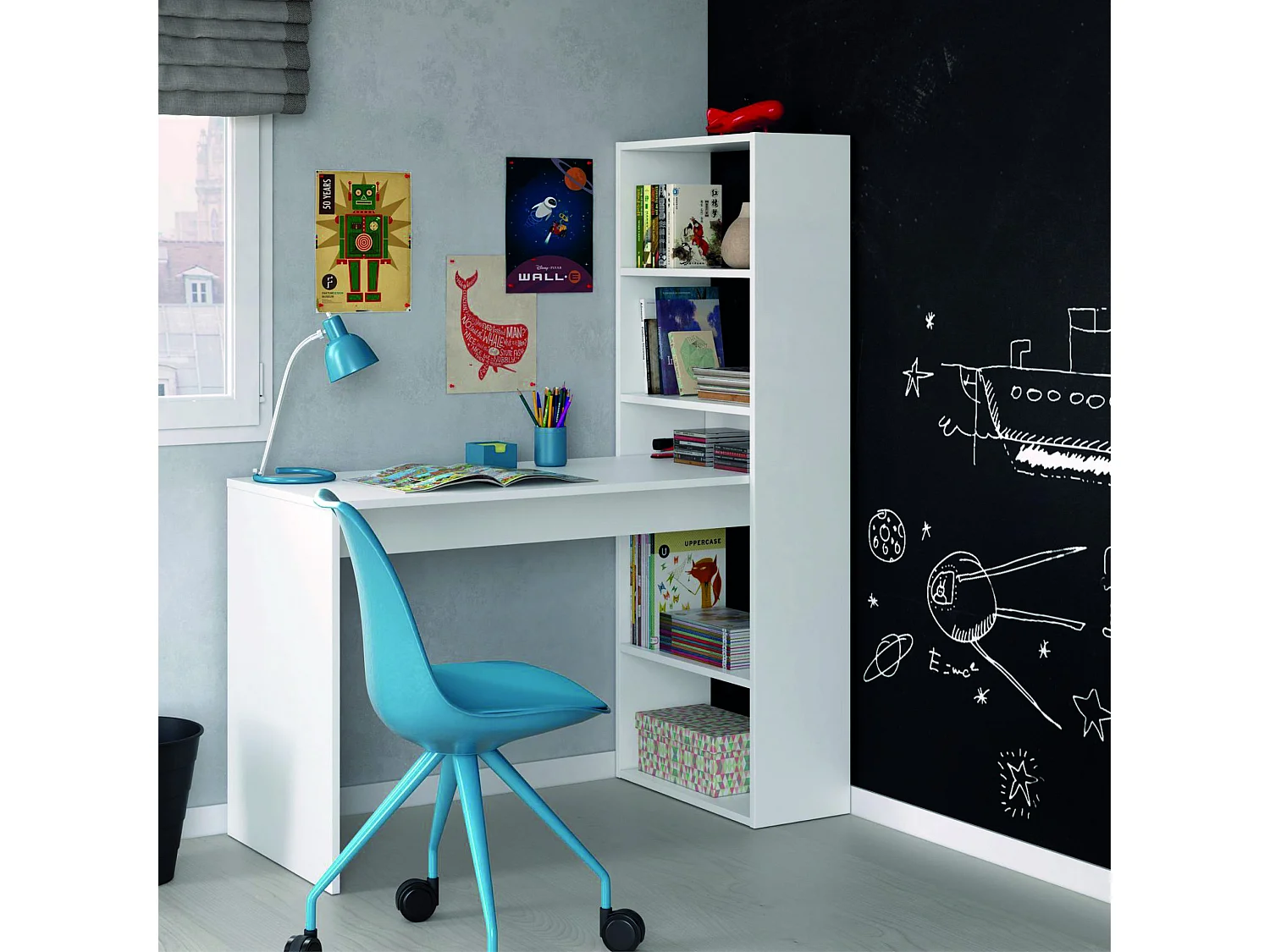 Scrivania pc ufficio con SCAFFALI reversibile studio camera BIANCO computer gaming 120 X 53 X 144 cm - 008314A