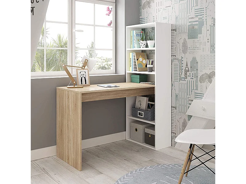 Scrivania pc ufficio con SCAFFALI reversibile studio camera ROVERE+BIANCO computer gaming 120 X 53 X 144 cm - 0F8314A