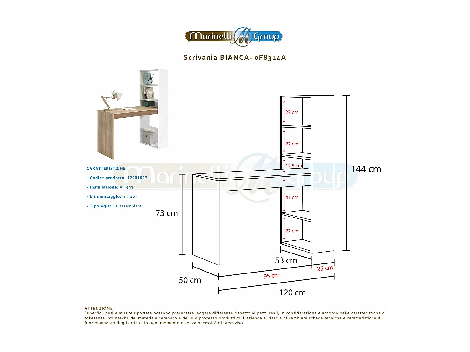 Scrivania pc ufficio con SCAFFALI reversibile studio camera ROVERE+BIANCO computer gaming 120 X 53 X 144 cm - 0F8314A