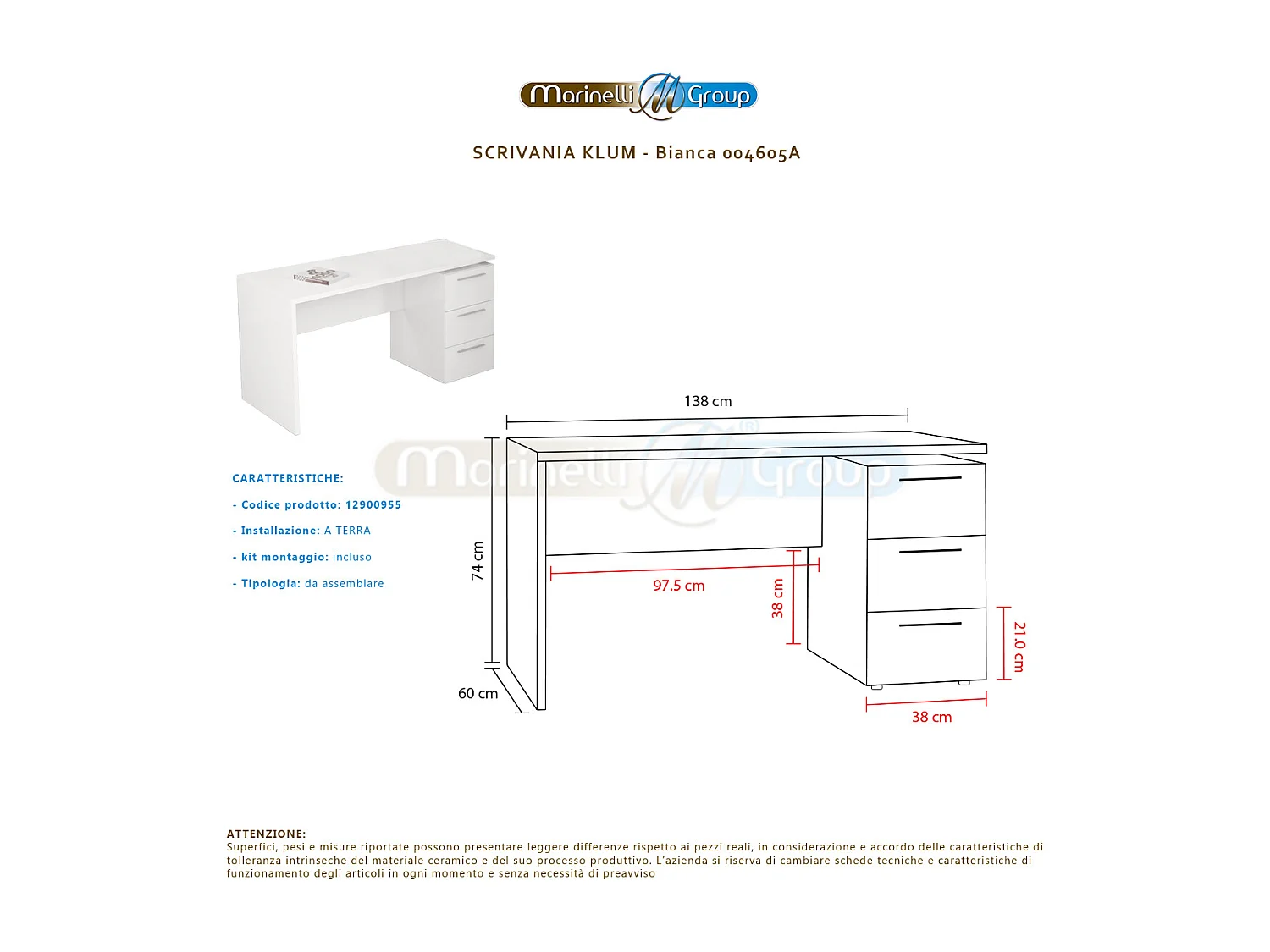 Scrivania pc ufficio studio casa cassettiera BIANCA computer gaming 138 X 60 X 74 cm - 004605A