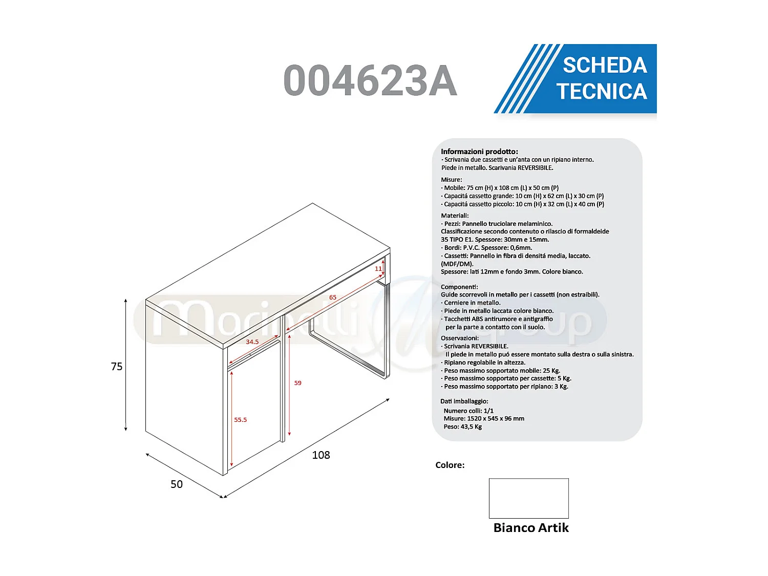 Scrivania per computer con piede in metallo bianco 004623A