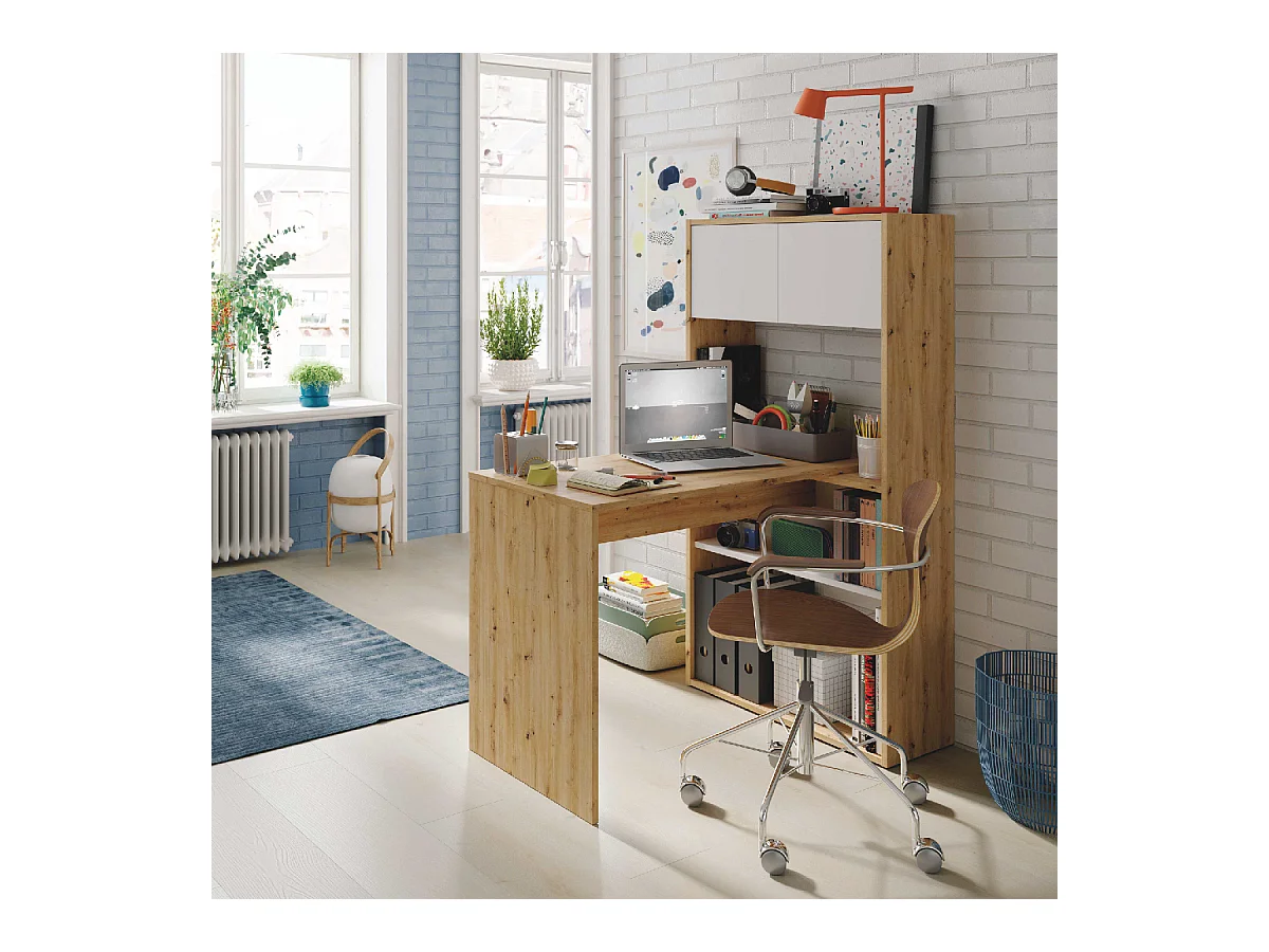 Scrivania libreria multiposizione reversibile rovere nodi e bianco 018316W