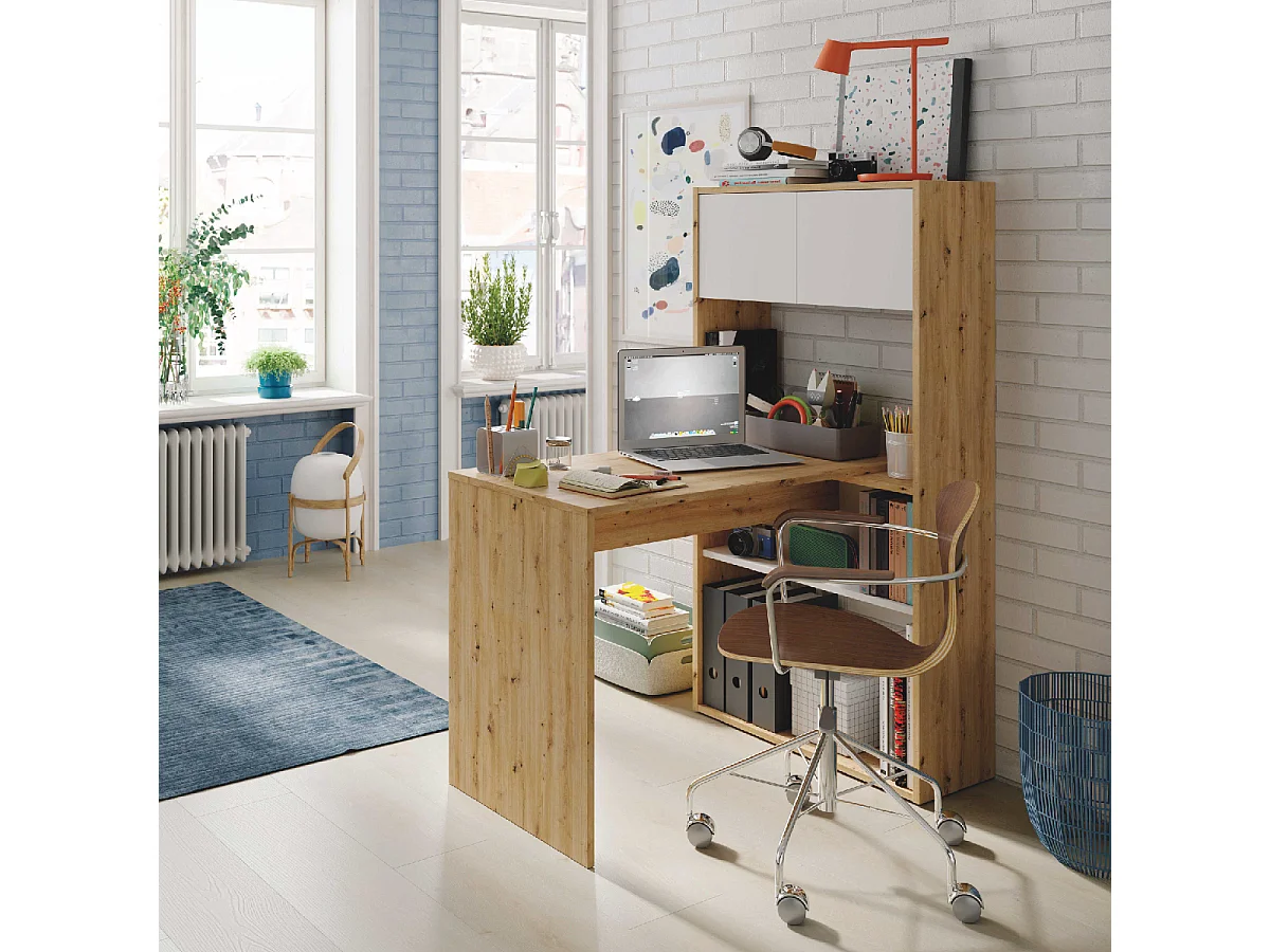 Scrivania libreria multiposizione reversibile rovere nodi e bianco 018316W