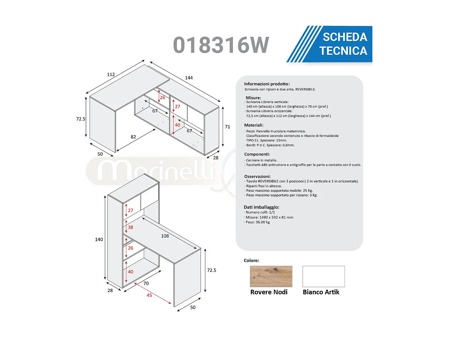 Scrivania libreria multiposizione reversibile rovere nodi e bianco 018316W