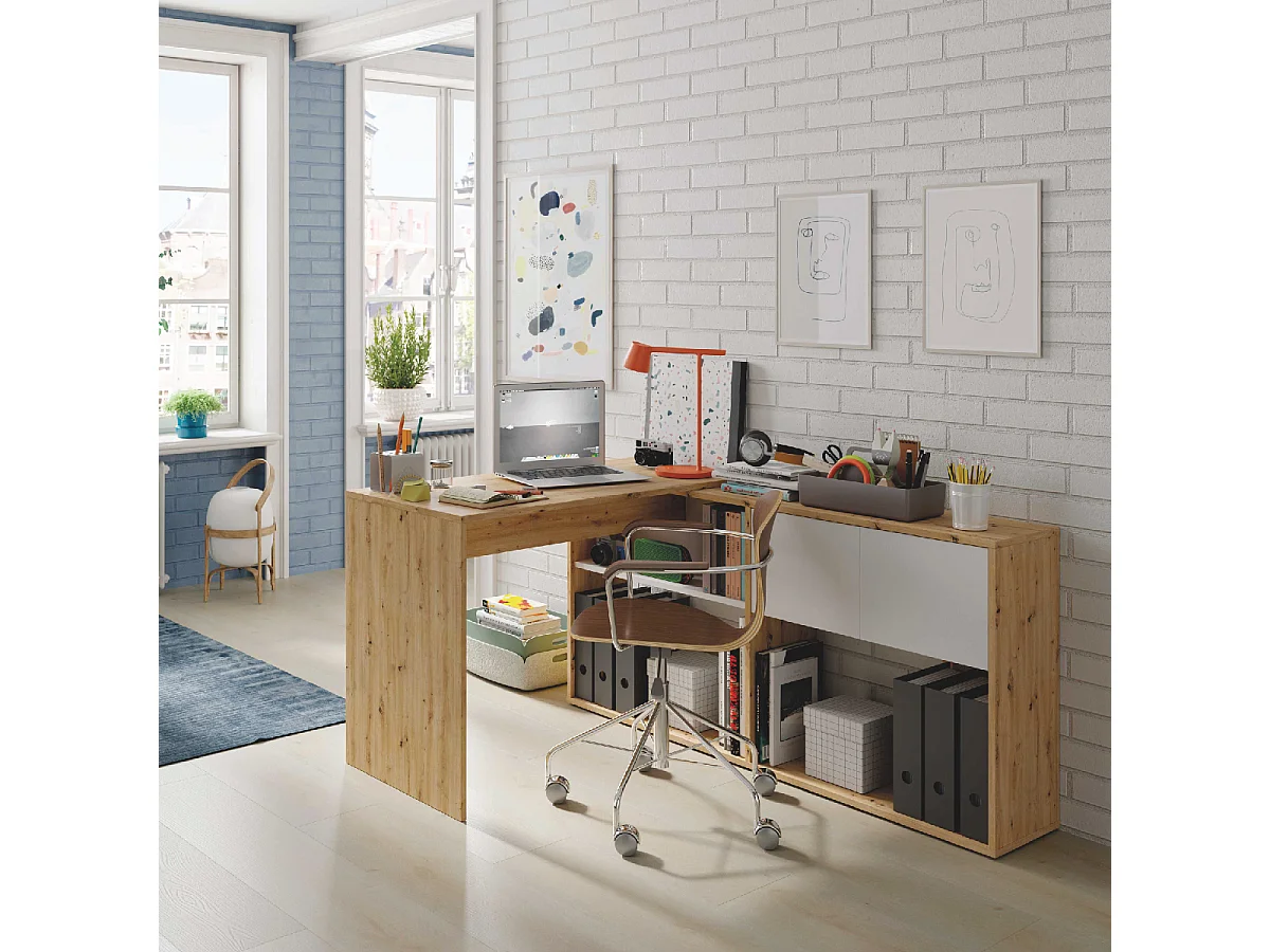 Scrivania libreria multiposizione reversibile rovere nodi e bianco 018316W