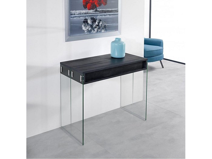 Table console extensible STEF coloris noir charbon piétement en verre