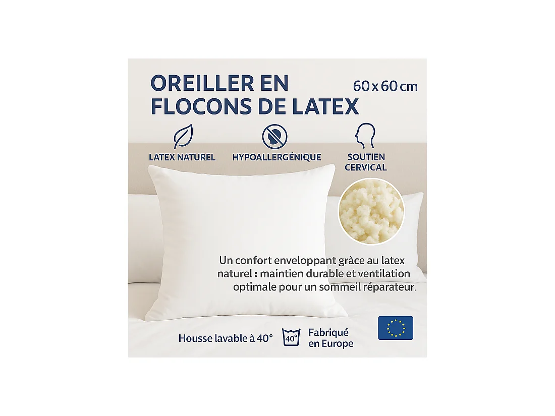 Lot de 2 OREILLERS 60x60 en LATEX NATUREL OREILLER CONFORT SOUPLE et MOELLEUX OREILLER en MOUSSE de LATEX GARANTIE à VIE