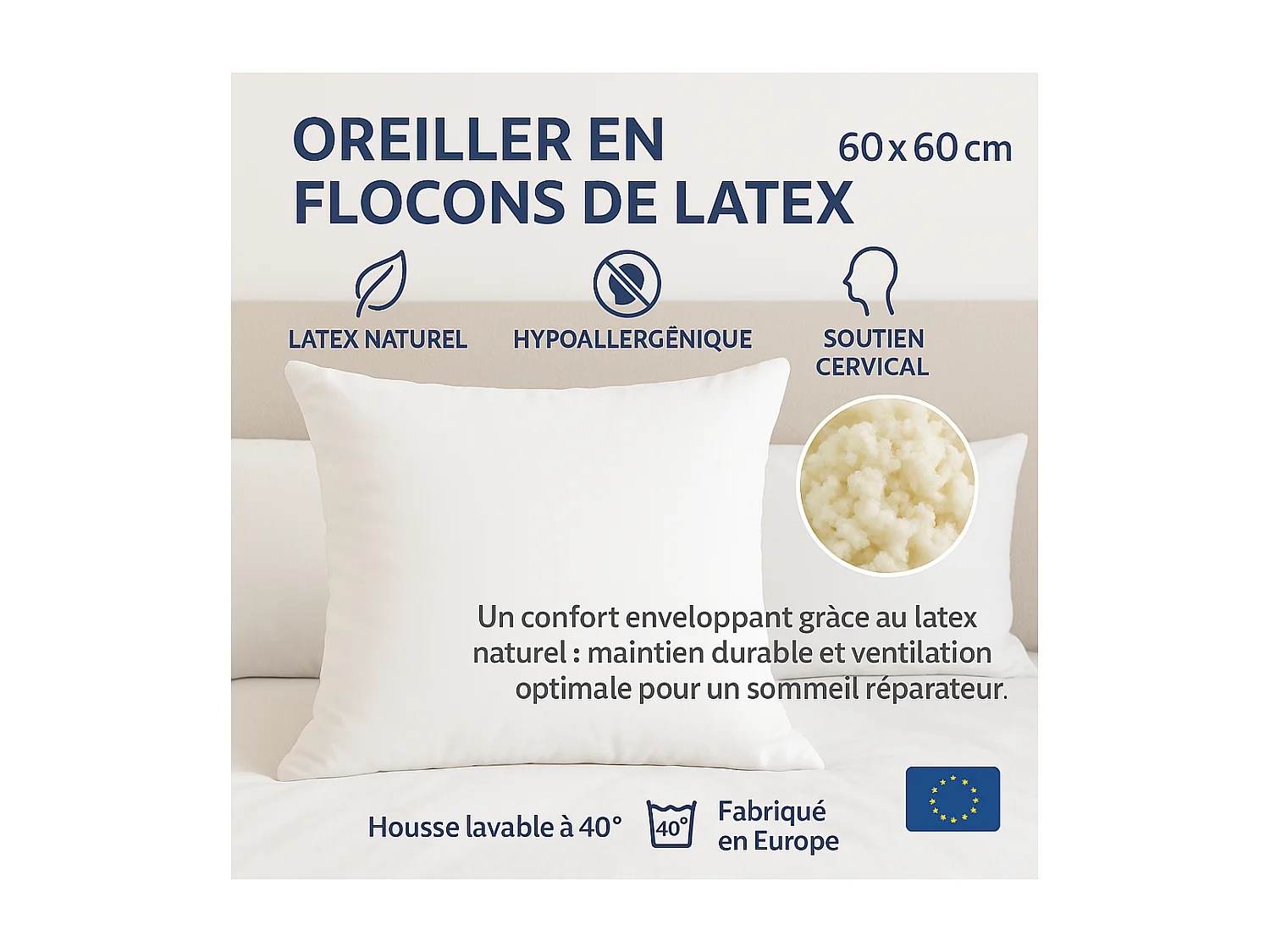 Lot de 2 OREILLERS 60x60 en LATEX NATUREL OREILLER CONFORT SOUPLE et MOELLEUX OREILLER en MOUSSE de LATEX GARANTIE à VIE