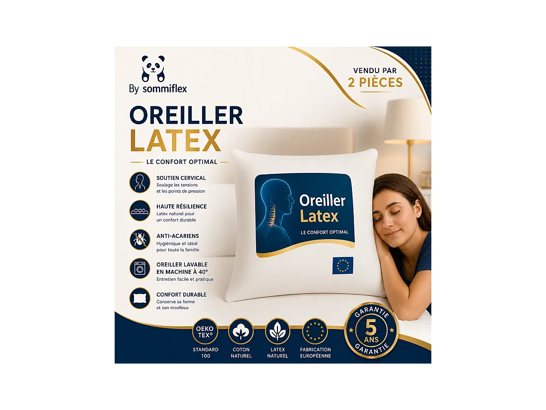 Lot de 2 OREILLERS 60x60 en LATEX NATUREL OREILLER CONFORT SOUPLE et MOELLEUX OREILLER en MOUSSE de LATEX GARANTIE à VIE
