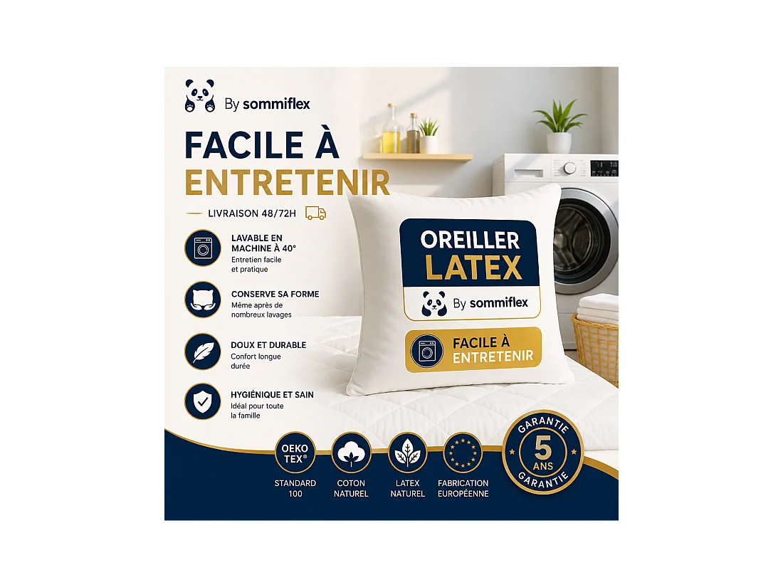 Lot de 2 OREILLERS 60x60 en LATEX NATUREL OREILLER CONFORT SOUPLE et MOELLEUX OREILLER en MOUSSE de LATEX GARANTIE à VIE