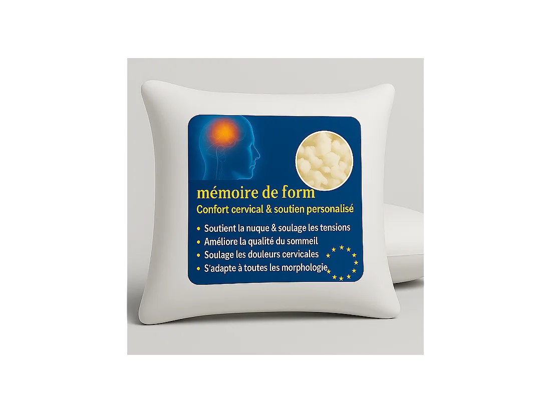 LOT de 2 OREILLERS 60x60 FLOCON MÉMOIRE de FORME SPÉCIAL CERVICALES GARANTIE à VIE