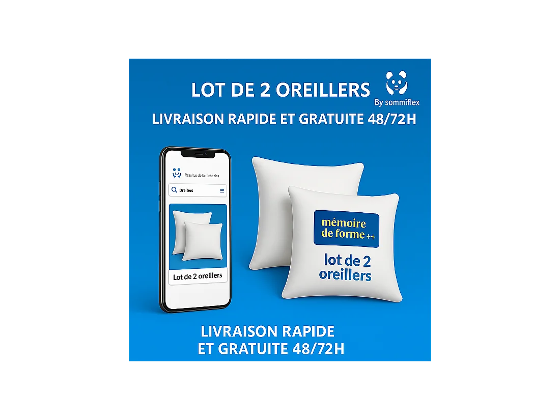LOT de 2 OREILLERS 60x60 FLOCON MÉMOIRE de FORME SPÉCIAL CERVICALES GARANTIE à VIE