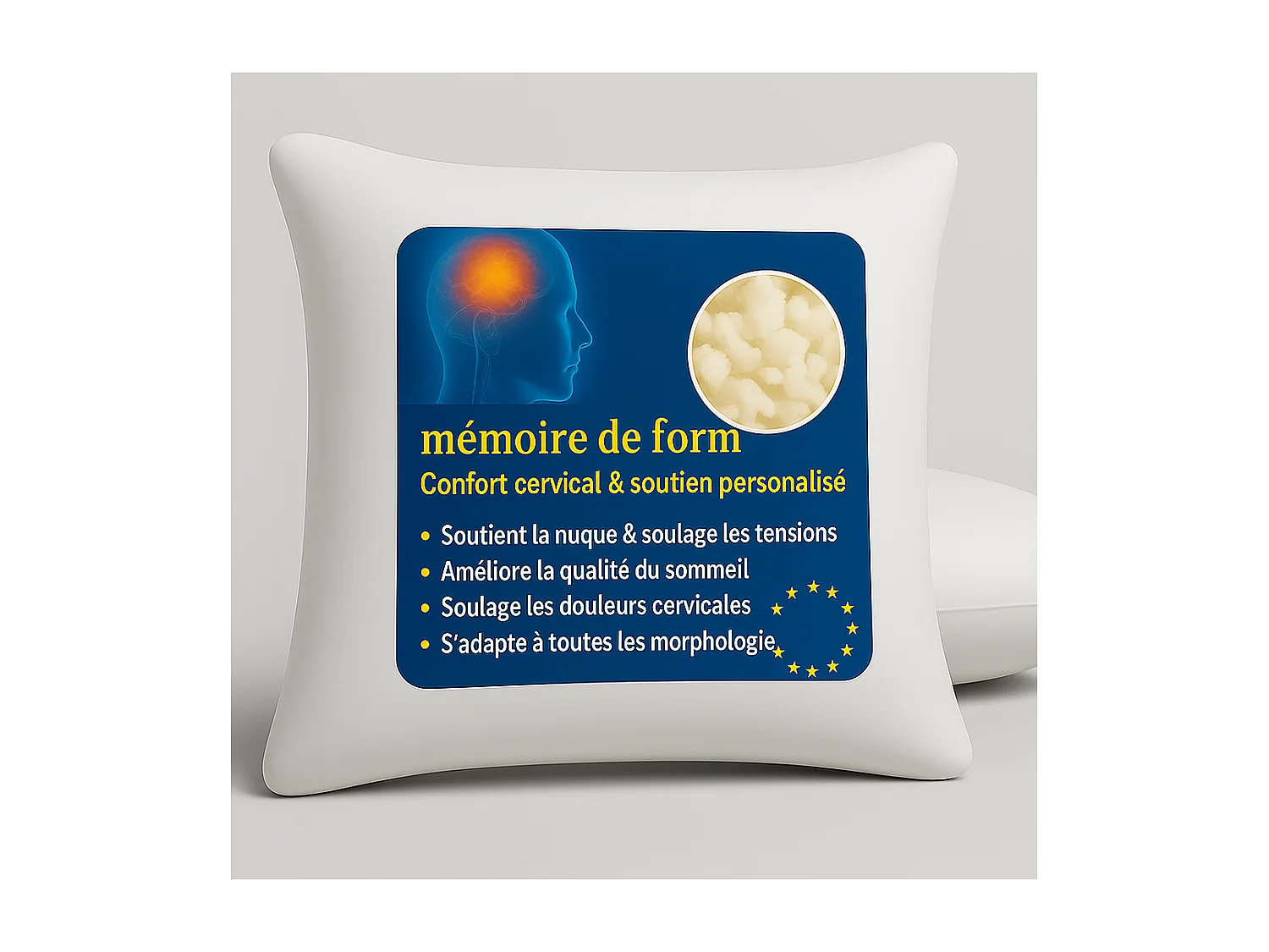 LOT de 2 OREILLERS 60x60 FLOCON MÉMOIRE de FORME SPÉCIAL CERVICALES GARANTIE à VIE