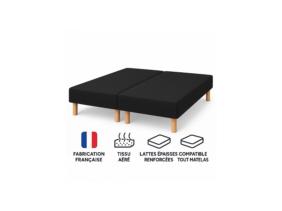 SOMMIER TAPISSIER NOIR 80x200x2 (160x200) | FABRICATION FRANÇAISE ARTISANALE | PIEDS OFFERTS | HAUTEUR avec PIEDS 27 cm