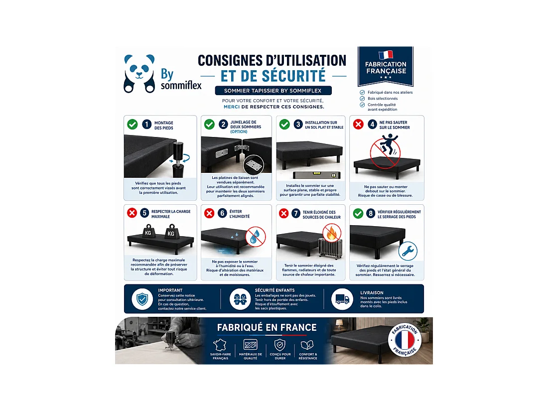 SOMMIER TAPISSIER NOIR 80x200x2 (160x200) | FABRICATION FRANÇAISE ARTISANALE | PIEDS OFFERTS | HAUTEUR avec PIEDS 27 cm