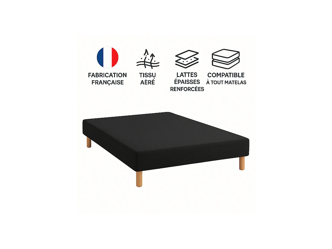 SOMMIER TAPISSIER NOIR 120x190 cm | FABRICATION FRANÇAISE ARTISANALE | PIEDS OFFERTS | HAUTEUR avec PIEDS 27 cm