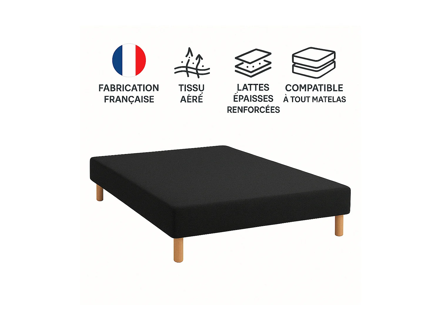 SOMMIER TAPISSIER NOIR 120x190 cm | FABRICATION FRANÇAISE ARTISANALE | PIEDS OFFERTS | HAUTEUR avec PIEDS 27 cm