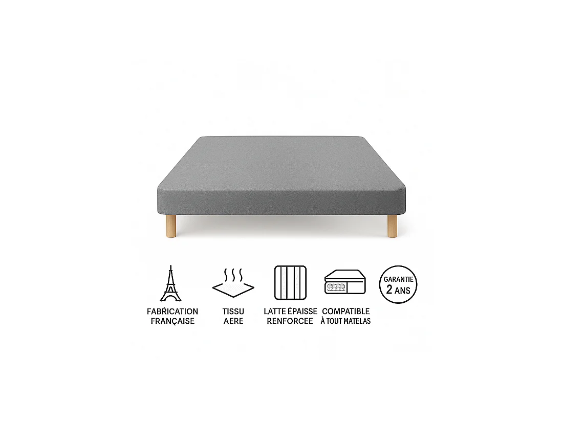 SOMMIER TAPISSIER GRIS 130x190 cm | FABRICATION FRANÇAISE ARTISANALE | PIEDS OFFERTS | HAUTEUR avec PIEDS 27 cm