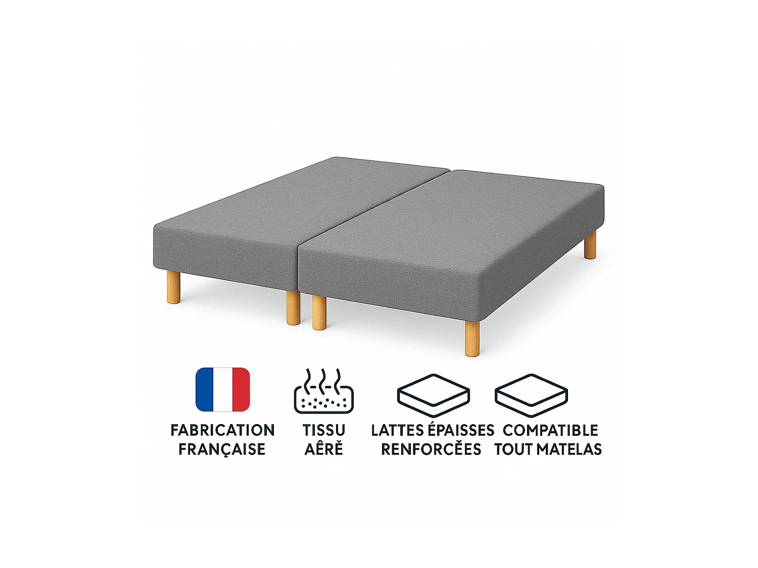 Lot de 2 Sommiers Tapissiers Gris 70x200 Ensemble 140x200 Fabrication Française Artisanale