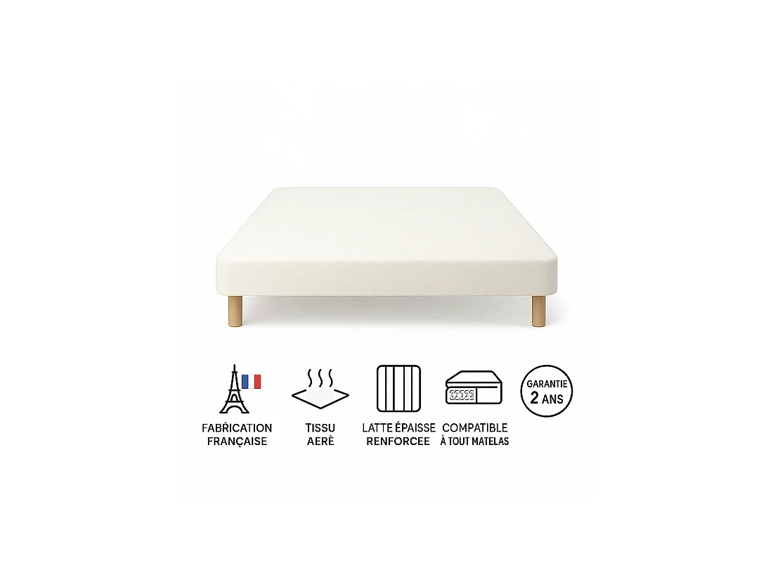 SOMMIER TAPISSIER BLANC 130x200 cm | FABRICATION FRANÇAISE ARTISANALE | PIEDS OFFERTS | HAUTEUR avec PIEDS 27 cm