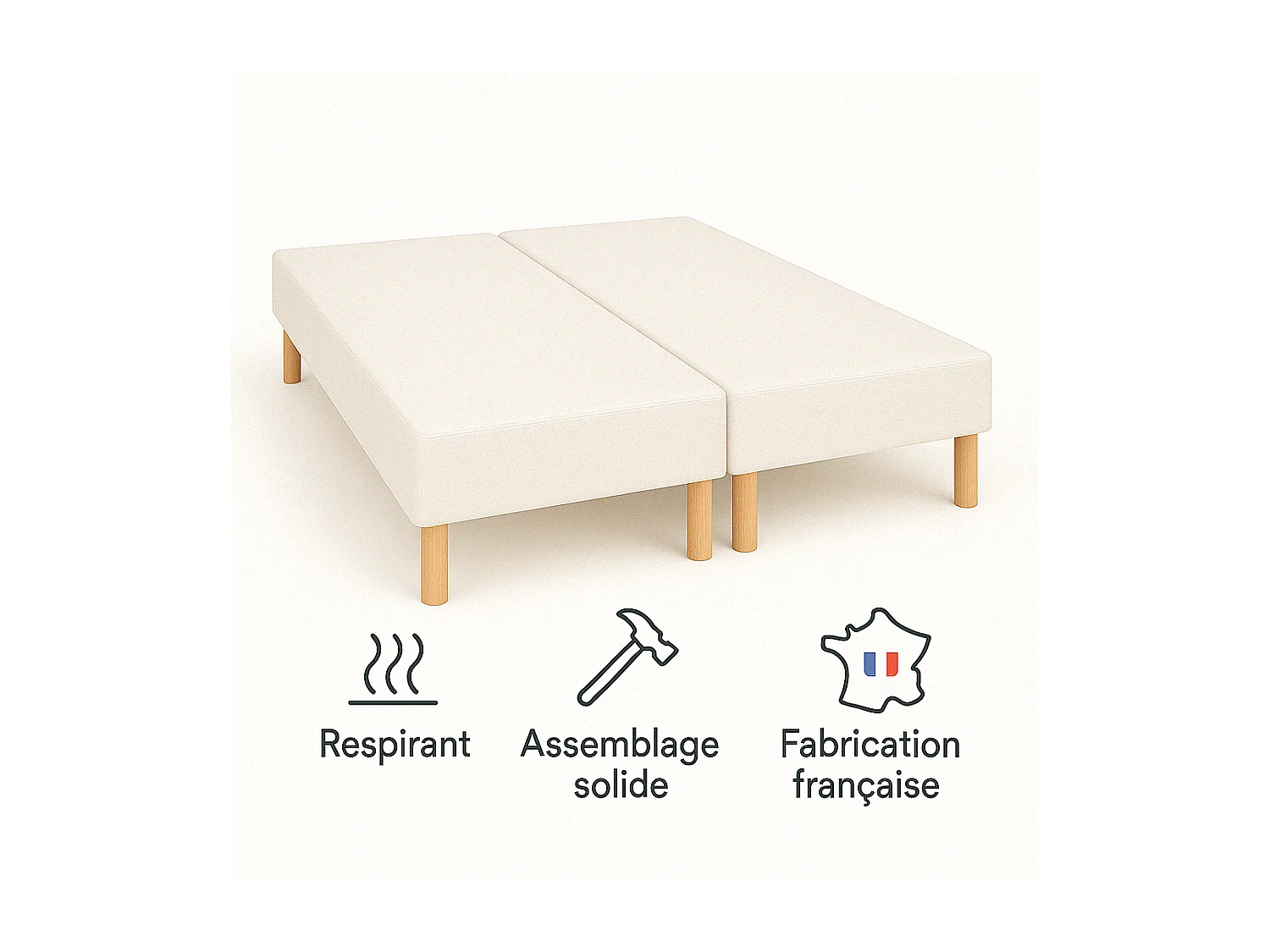 Lot de 2 Sommiers Tapissiers Blanc 80x200 (160x200) Fabrication Française Artisanale Avec Pieds