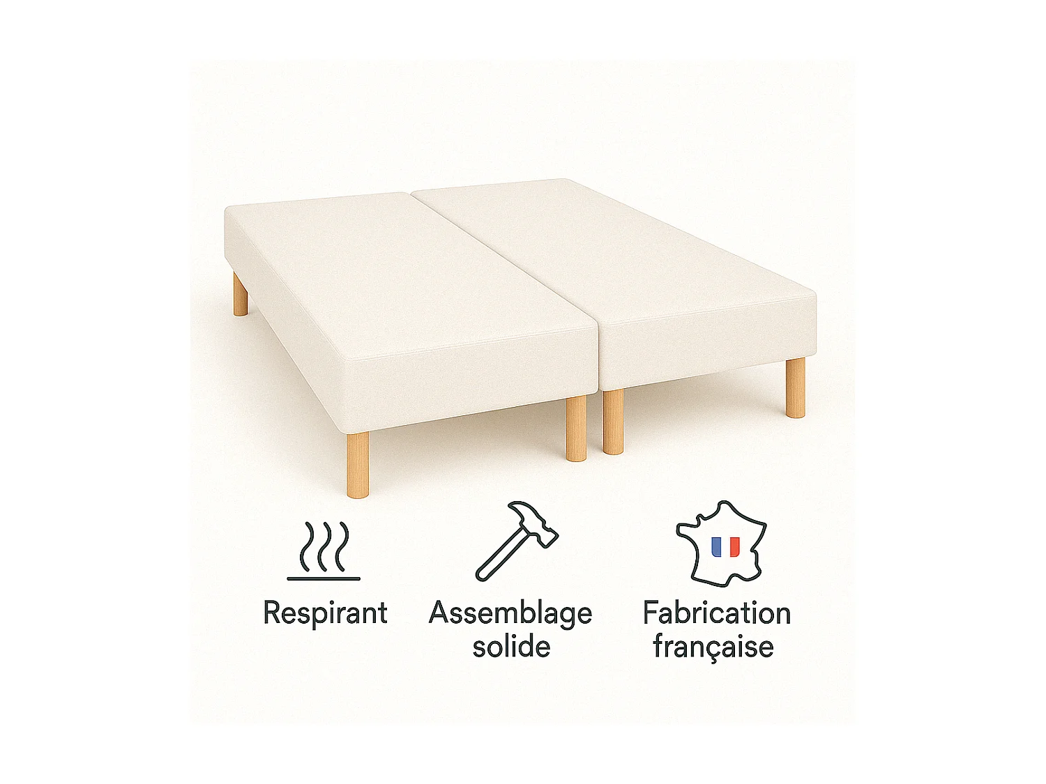 Lot de 2 Sommiers Tapissiers Blanc 80x200 (160x200) Fabrication Française Artisanale Avec Pieds