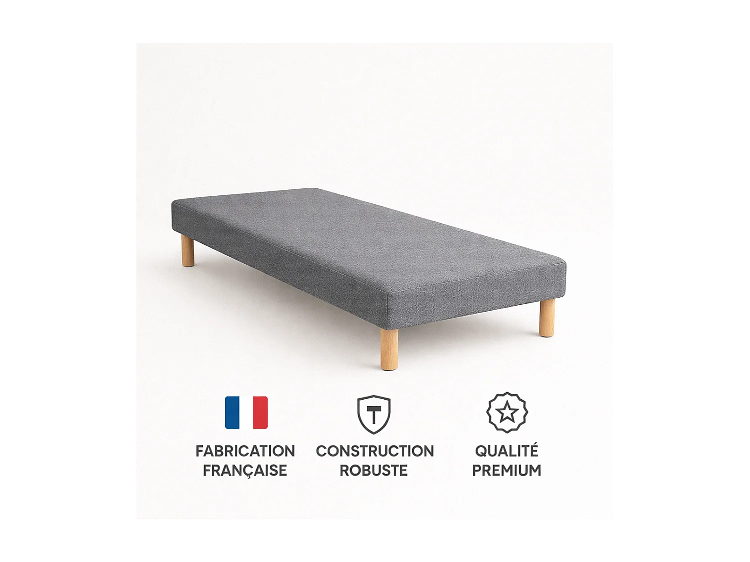 SOMMIER TAPISSIER GRIS 90x190 cm FABRICATION FRANÇAISE ARTISANALE PIEDS OFFERTS HAUTEUR avec PIEDS 27 cm
