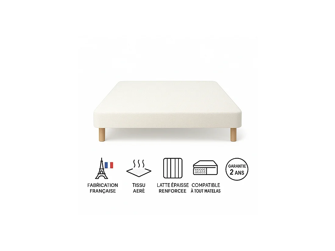 SOMMIER TAPISSIER BLANC 120x190 cm | FABRICATION FRANÇAISE ARTISANALE | PIEDS OFFERTS | HAUTEUR avec PIEDS 27 cm