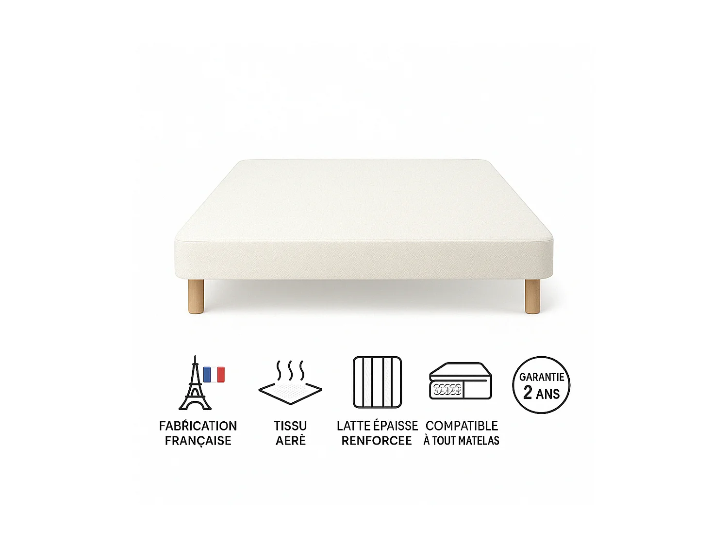 SOMMIER TAPISSIER BLANC 120x190 cm | FABRICATION FRANÇAISE ARTISANALE | PIEDS OFFERTS | HAUTEUR avec PIEDS 27 cm